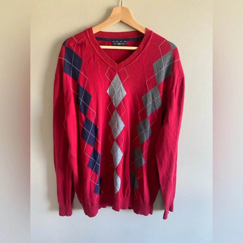 Club Room Men's Sweater XLT 100% Cotton Red Navy Argyle Golf‎ Preppy Academia